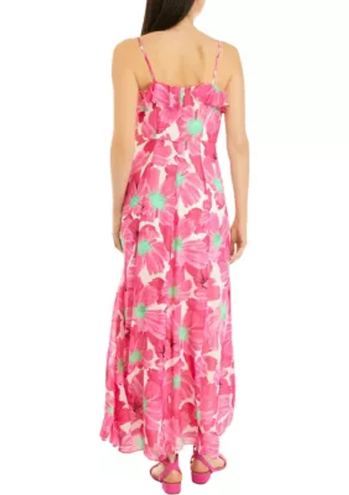 Women's Floral Print Ruffle Neck Maxi Dress