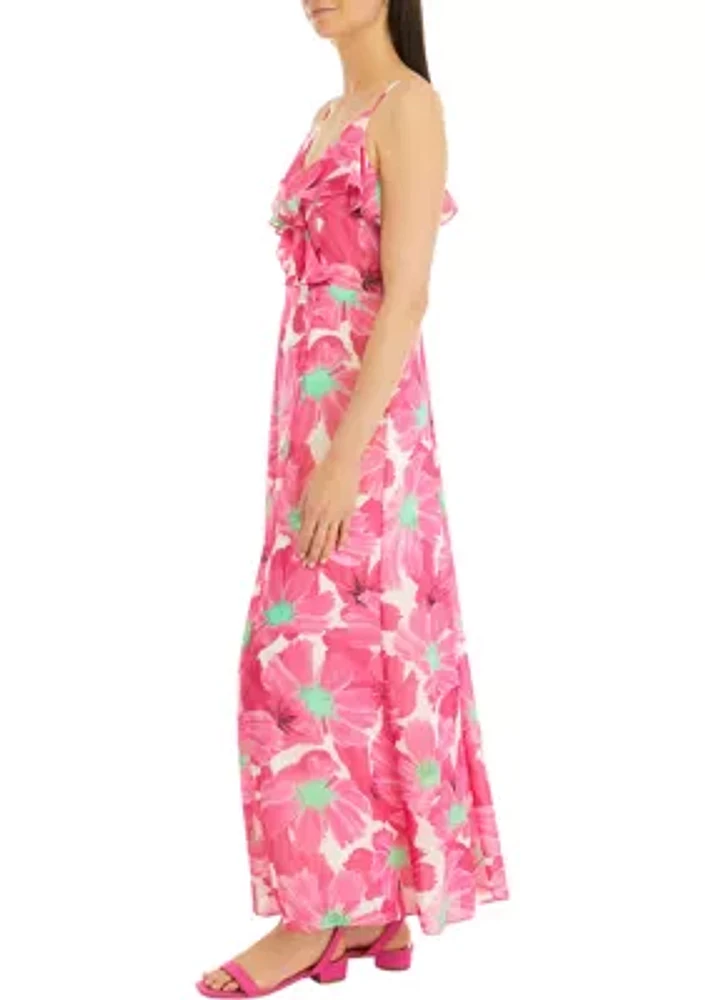 Women's Floral Print Ruffle Neck Maxi Dress