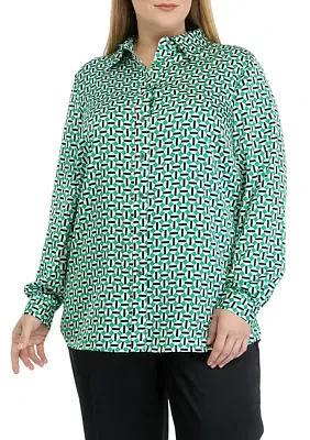 Plus Geometric Print Long Sleeve Button Front Blouse