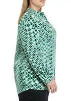 Plus Geometric Print Long Sleeve Button Front Blouse