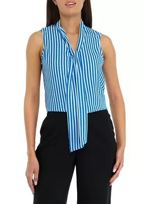 Women's Stripe Sleeveless Tie Neck Blouse