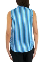 Women's Stripe Sleeveless Tie Neck Blouse