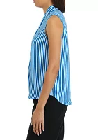 Women's Stripe Sleeveless Tie Neck Blouse