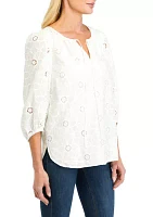 Women's Floral Eyelet 3/4 Sleeve Blouse