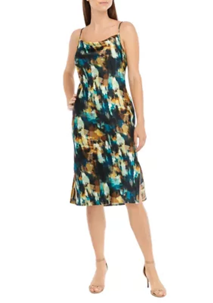 Petite Watercolor Print Cowl Neck Dress