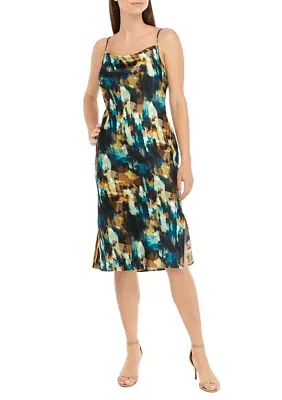 Petite Watercolor Print Cowl Neck Dress