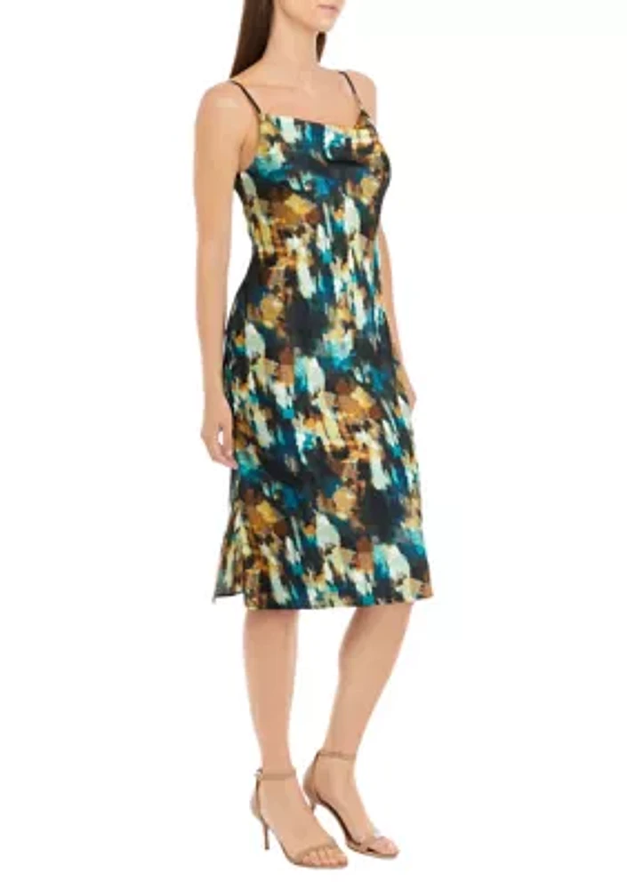 Petite Watercolor Print Cowl Neck Dress