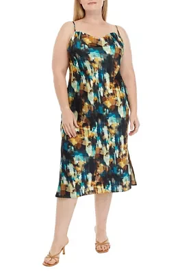 Plus Sleeveless Watercolor Print Cowl Neck Dress