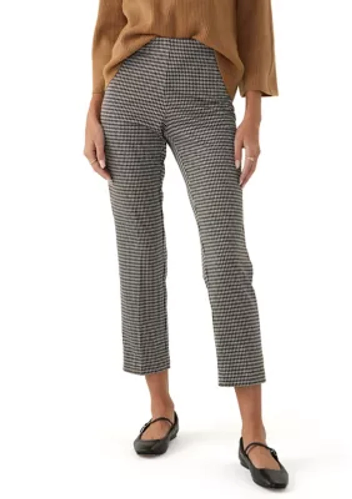 Petite Pull On Straight Ankle Houndstooth Ponte Pants