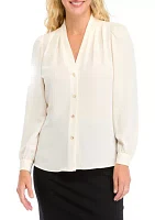 Petite Collarless Button Front Blouse