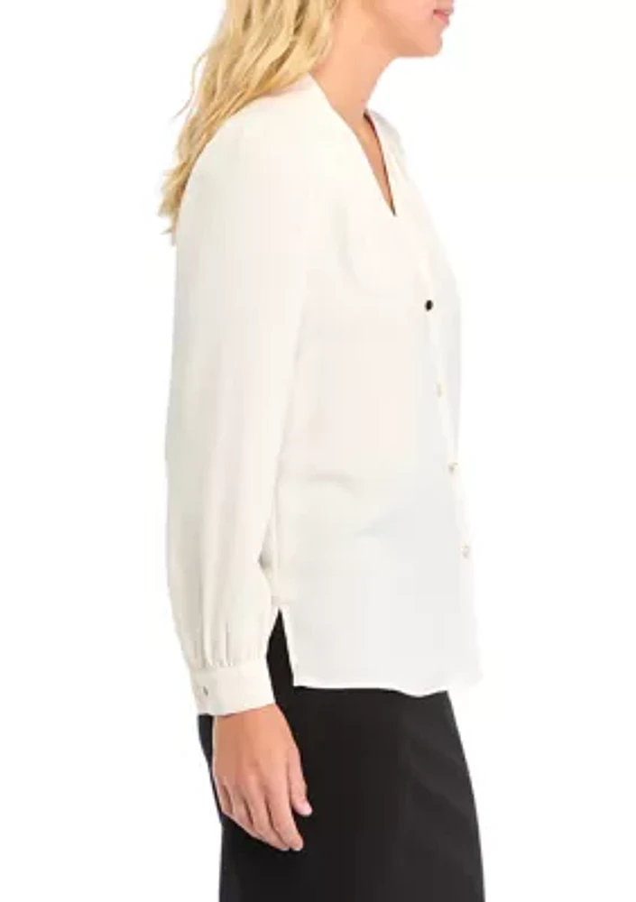 Petite Collarless Button Front Blouse