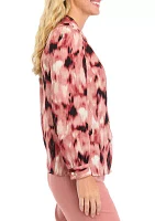 Women's Long Sleeve Blurred Print Collarless Button Front Blouse