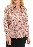 Petite Abstract Print Long Sleeve Button Front Blouse