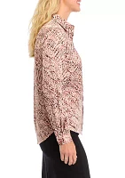 Petite Abstract Print Long Sleeve Button Front Blouse