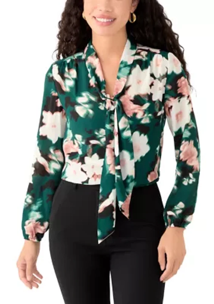 Petite Floral Print Long Sleeve Bow Blouse