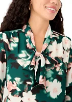 Petite Floral Print Long Sleeve Bow Blouse