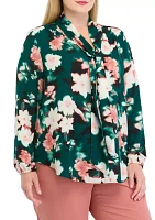 Plus Floral Print Long Sleeve Bow Blouse