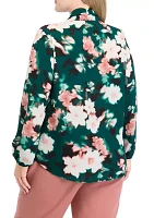 Plus Floral Print Long Sleeve Bow Blouse