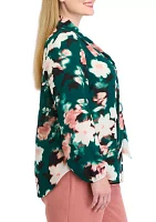 Plus Floral Print Long Sleeve Bow Blouse