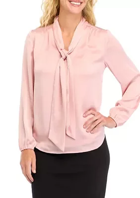 Petite Textured Crinkle Long Sleeve Bow Blouse