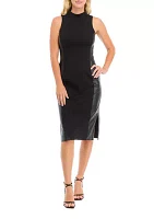 Women's Sleeveless Mock Neck Midi Dress with Leather Panels