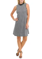 Women's Sleeveless Houndstooth Dress with Leather Mock Neck