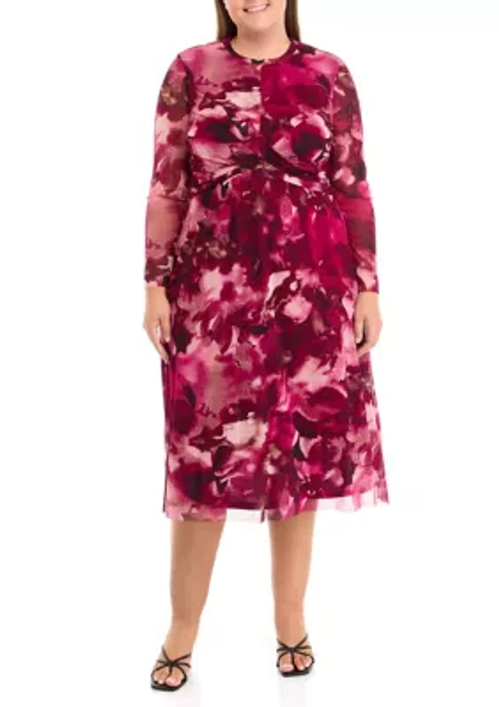 Plus Floral Print Twist Front Mesh Dress