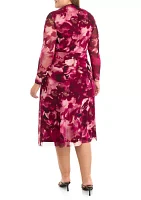 Plus Floral Print Twist Front Mesh Dress