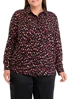 Plus Printed Long Sleeve Button Front Blouse