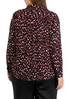 Plus Printed Long Sleeve Button Front Blouse