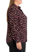 Plus Printed Long Sleeve Button Front Blouse