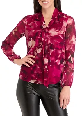 Women's Floral Print Long Sleeve Bow Blouse