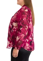 Plus Floral Print Long Sleeve Bow Blouse