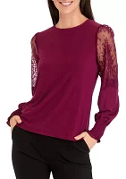 Women's Crew Neck Knit Top with Lace Sleeves