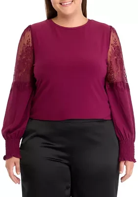 Plus Crew Neck Knit Top with Lace Sleeves