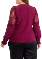 Plus Crew Neck Knit Top with Lace Sleeves