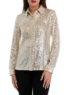 Women's Long Sleeve Sequin Button Front Shirt