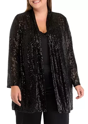 Plus Open Front Peak Lapel Sequin Cardigan