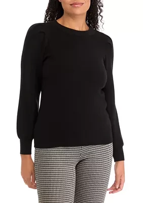 Petite Crew Neck Puff Sleeve Sweater