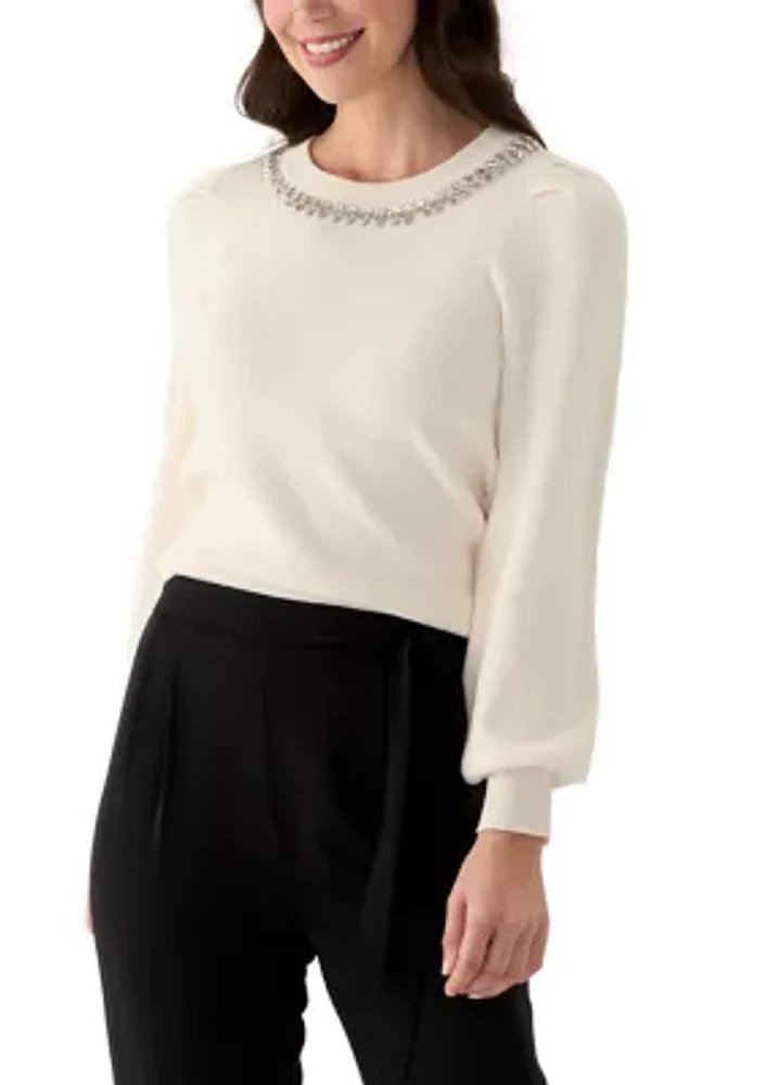 Women's Embellished Crew Neck Pullover Sweater