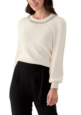 Women's Embellished Crew Neck Pullover Sweater