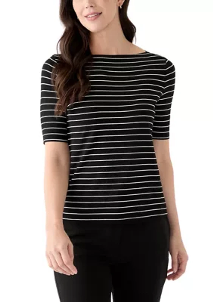 Women's Elbow Sleeve Boat Neck Striped Blouse