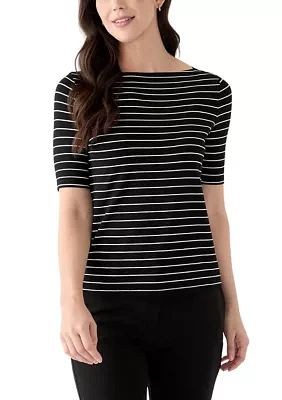 Women's Elbow Sleeve Boat Neck Striped Blouse