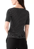 Women's Elbow Sleeve Boat Neck Striped Blouse