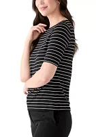 Women's Elbow Sleeve Boat Neck Striped Blouse