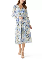 Women's Floral Print Clip Dot Long Sleeve Surplice Midi Dress