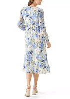 Women's Floral Print Clip Dot Long Sleeve Surplice Midi Dress