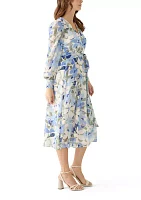 Women's Floral Print Clip Dot Long Sleeve Surplice Midi Dress