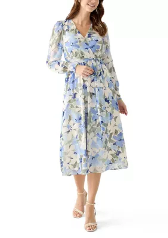 Petite Floral Print Clip Dot Long Sleeve Surplice Midi Dress