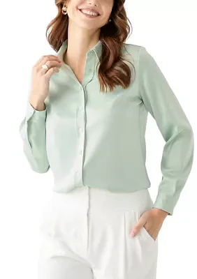 Women's Satin Button Front Long Sleeve Blouse